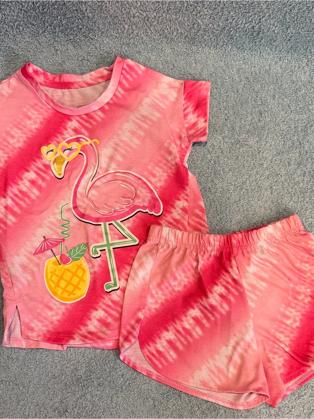 Girls Wonder Nation Pink Flamingo Pajamas Shorts Tee Shirt XS 4-5 Tie Dye